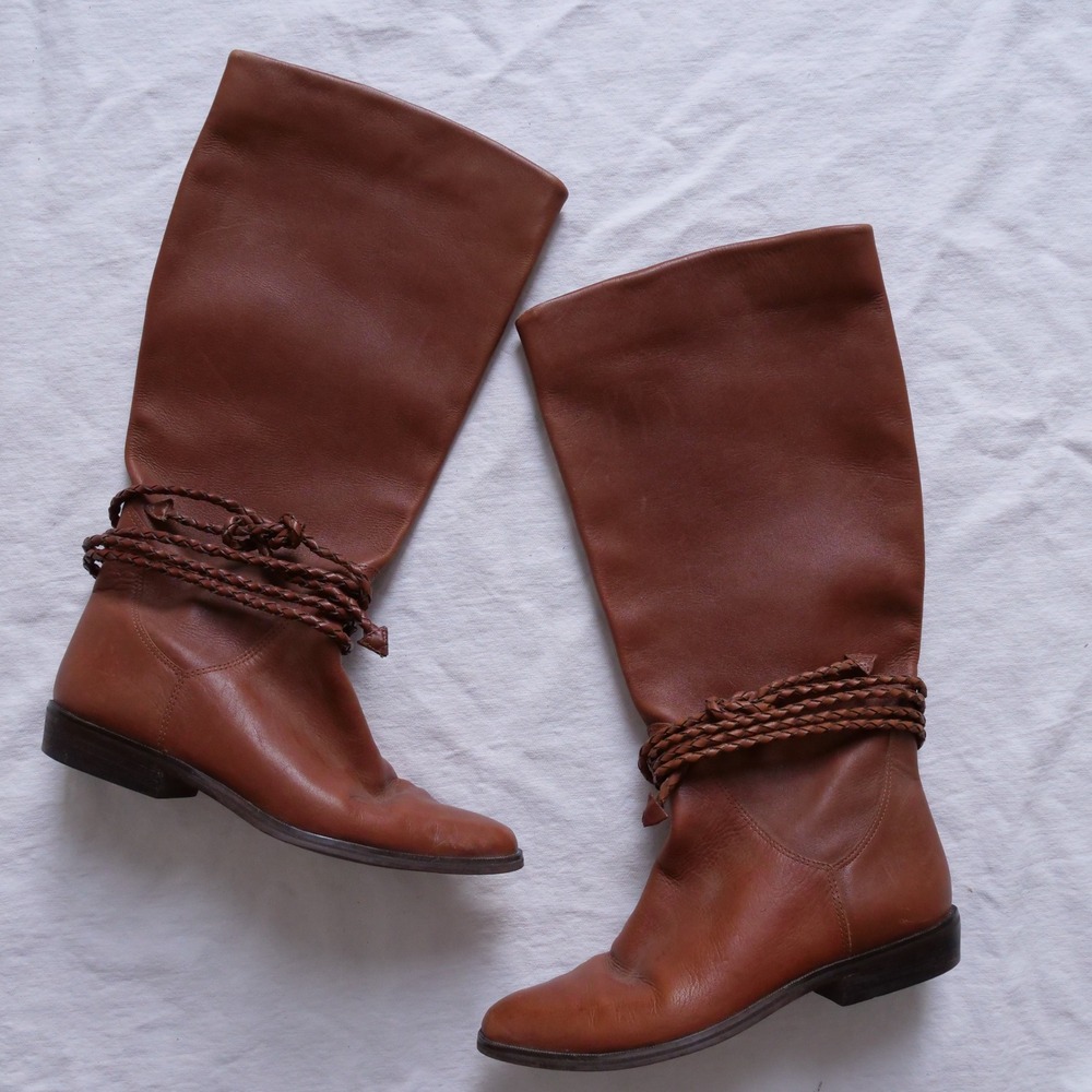 80s peanut butter brown leather mid calf‎ boho  boots